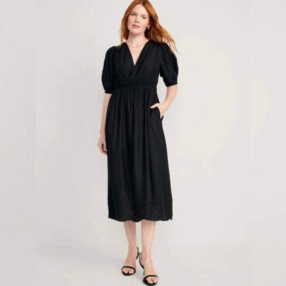 Old Navy Eyelet Puff Sleeve Midi Swing Dress Womens Large Black Prairie Romantic - Picture 1 of 11